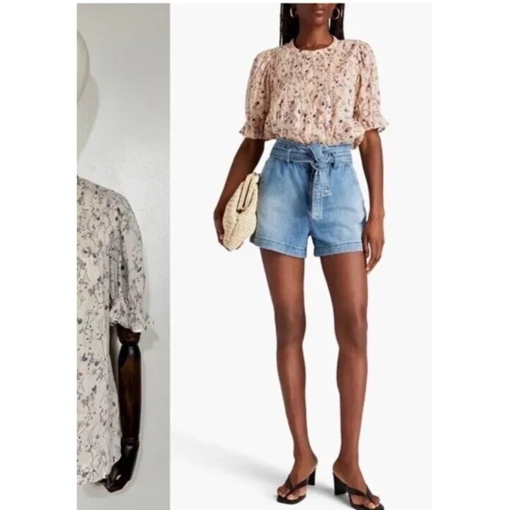 ba&sh Short Sleeve Floral Button Front Blouse in Cream Multi Size L Blush